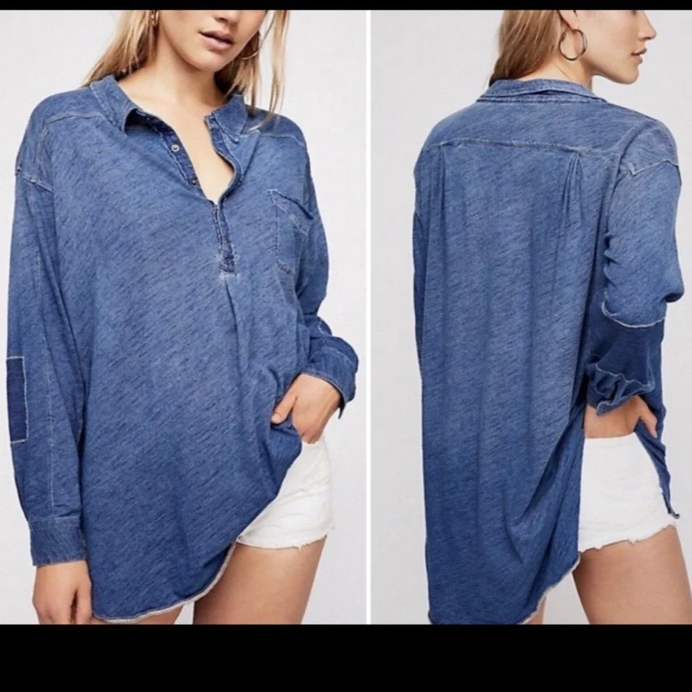 We The Free Women Love This Henley Tunic Top XS‎ Oversized Raw Edge Blue EUC